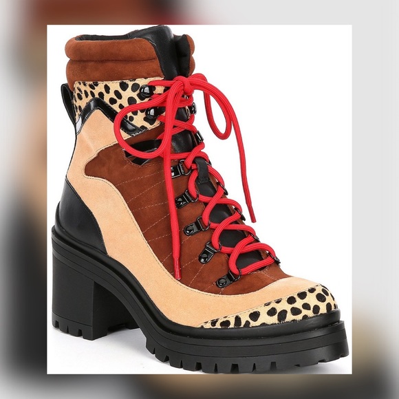 Cheetah Calf Hair Suede Colorblock Lace-Up Booties - Picture 3 of 6